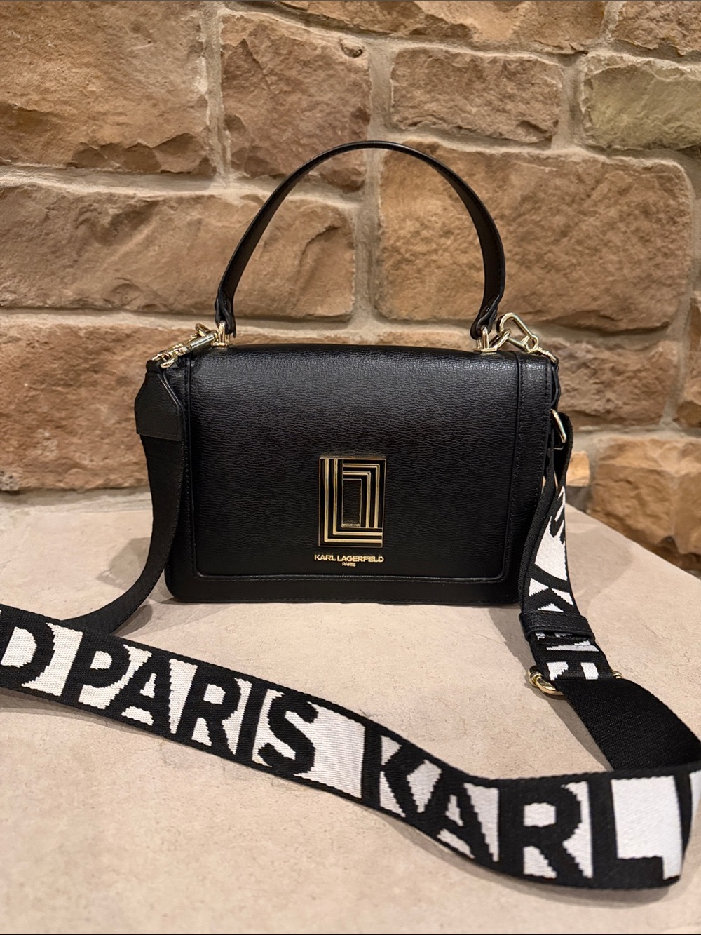 Karl Lagerfeld Black Leather Satchel with Gold Logo Plaque and Branded Strap